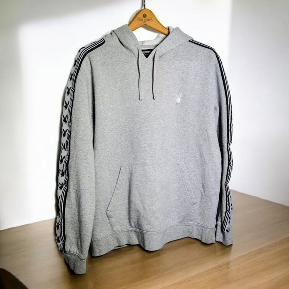PLAYBOY X Pacsun Sz M Gray and Black Hoodie Sweatshirt with Stripe Accents - Picture 1 of 7